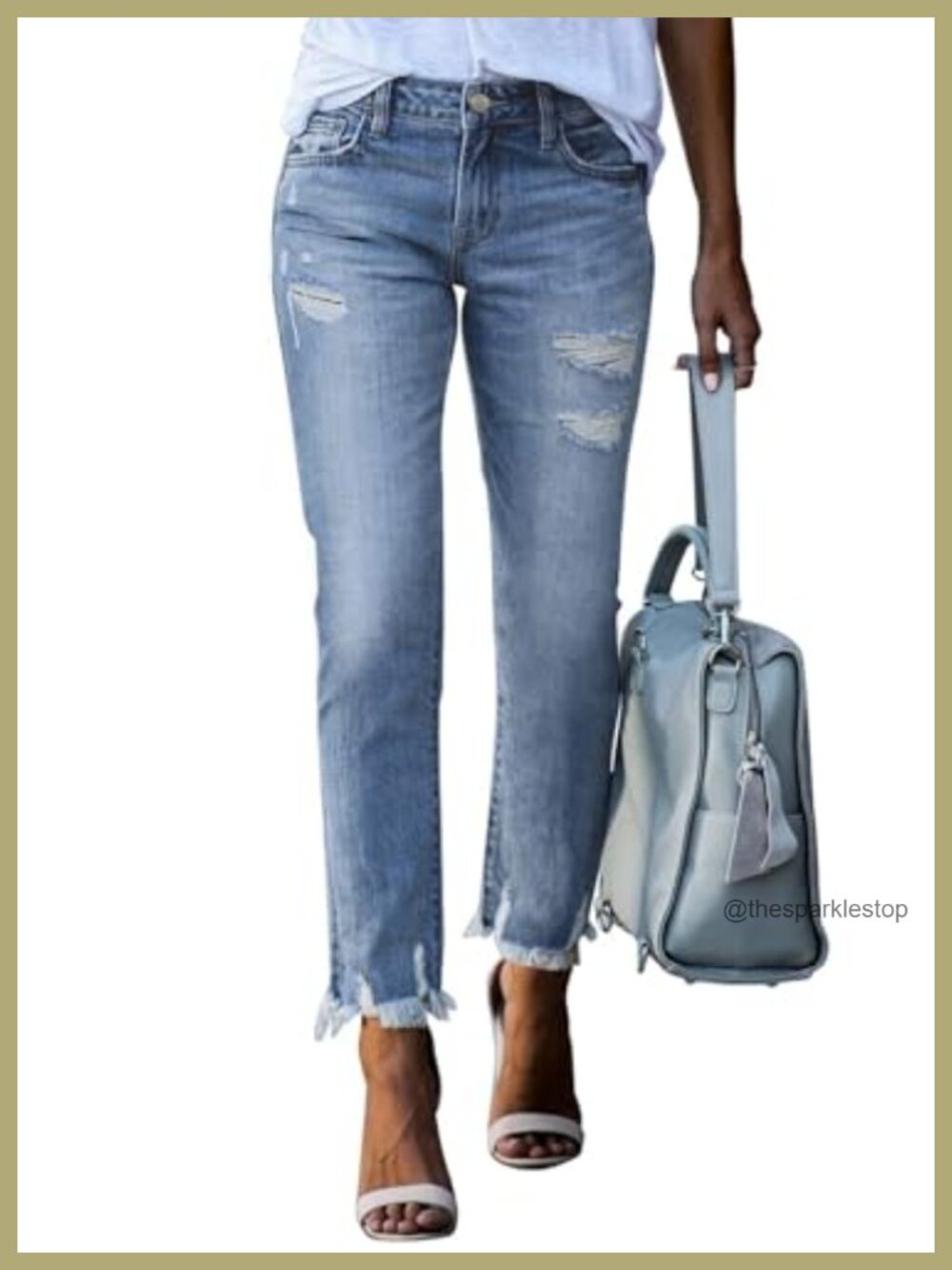 High Waisted Tummy Control Straight Ankle Ripped Jeans Stretch Denim